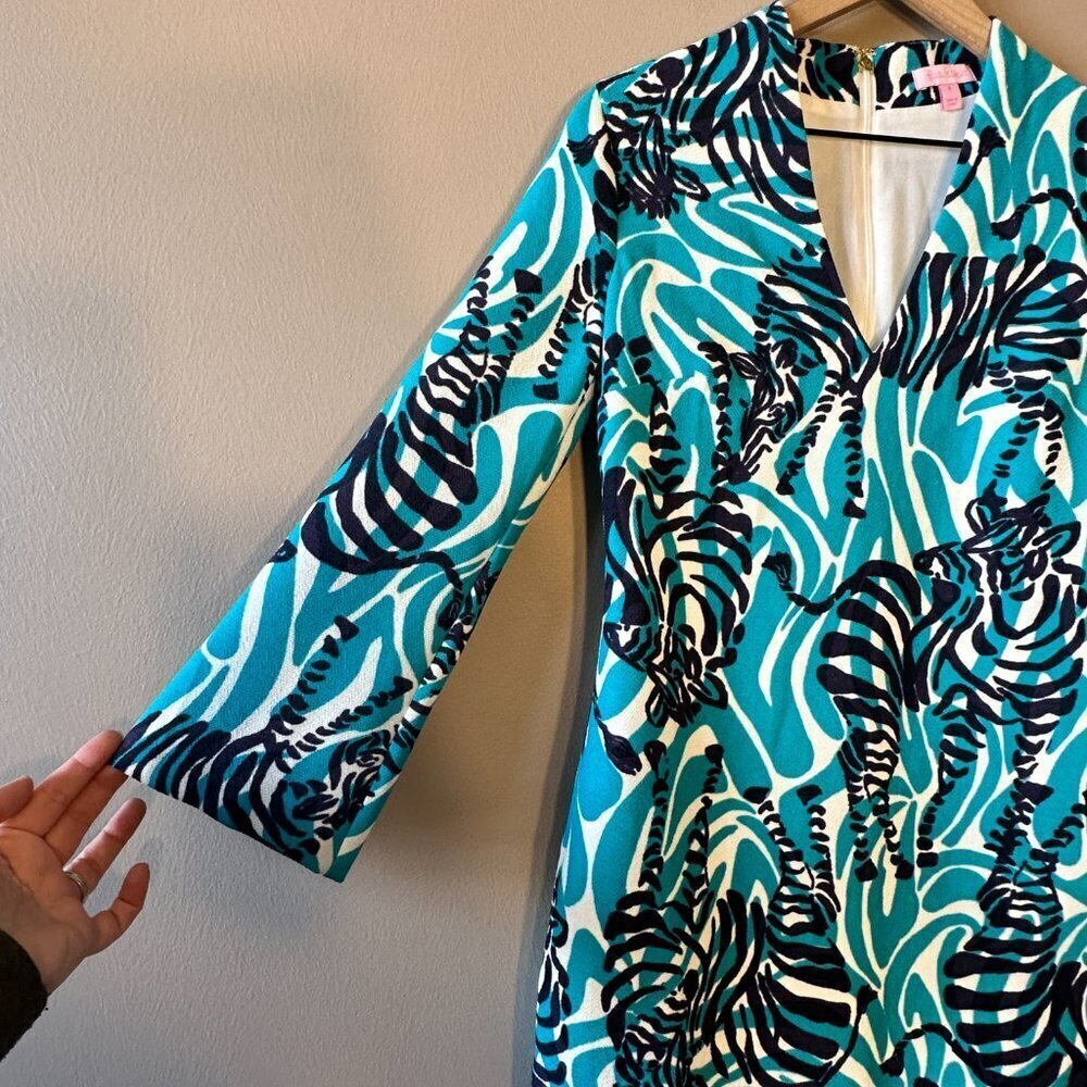 Women's 2 Lilly Pulitzer Devina Tunic Zebra Dress Teal White Funky Print - Picture 6 of 11